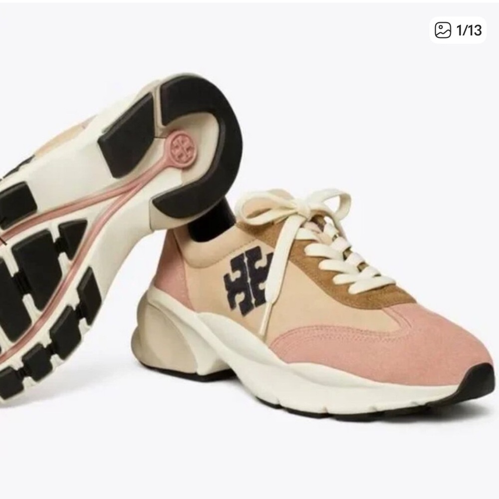 Tory Burch Good Luck Trainer / Nat Suede - Cream/Navy/Pink Moon Size9.5